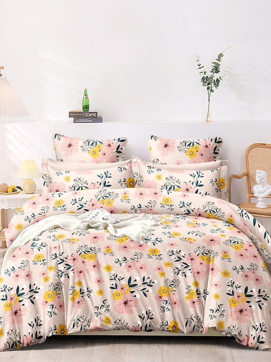 Premium Peach-Coloured Floral Cotton 300 TC King Bedsheet & 2 Pillow Covers