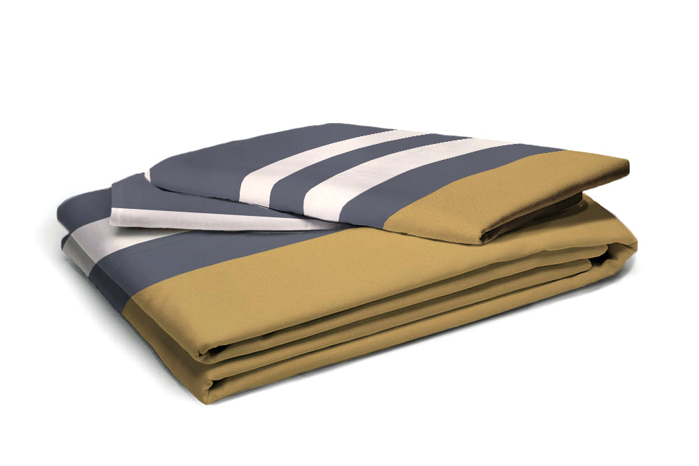 Premium Blue & Yellow Striped Glace Cotton 300 TC King Bedsheet with 2 Pillow Covers
