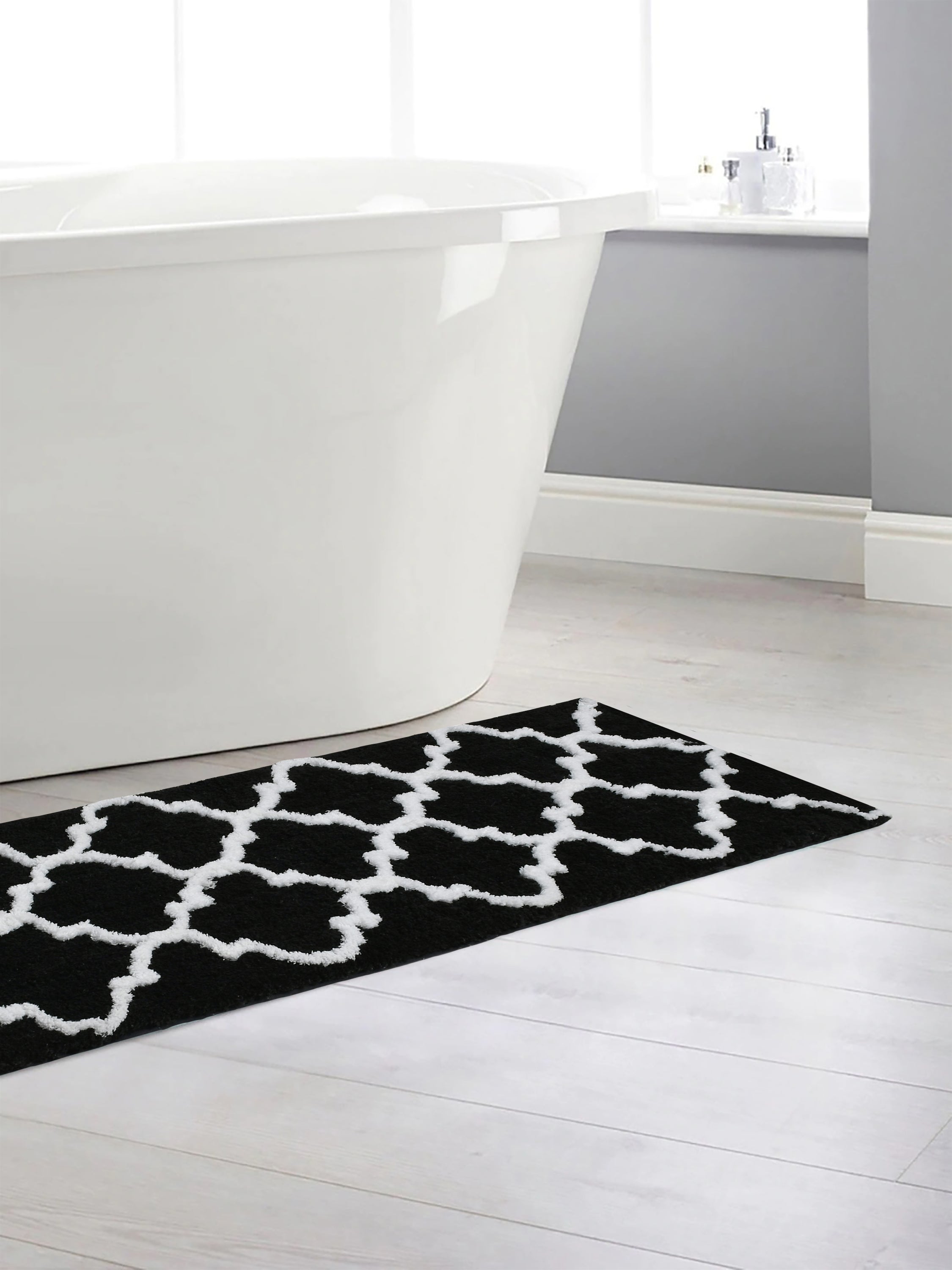 Soft Microfiber Abstract Moroccan Designer Anti Slip Runner, Black
