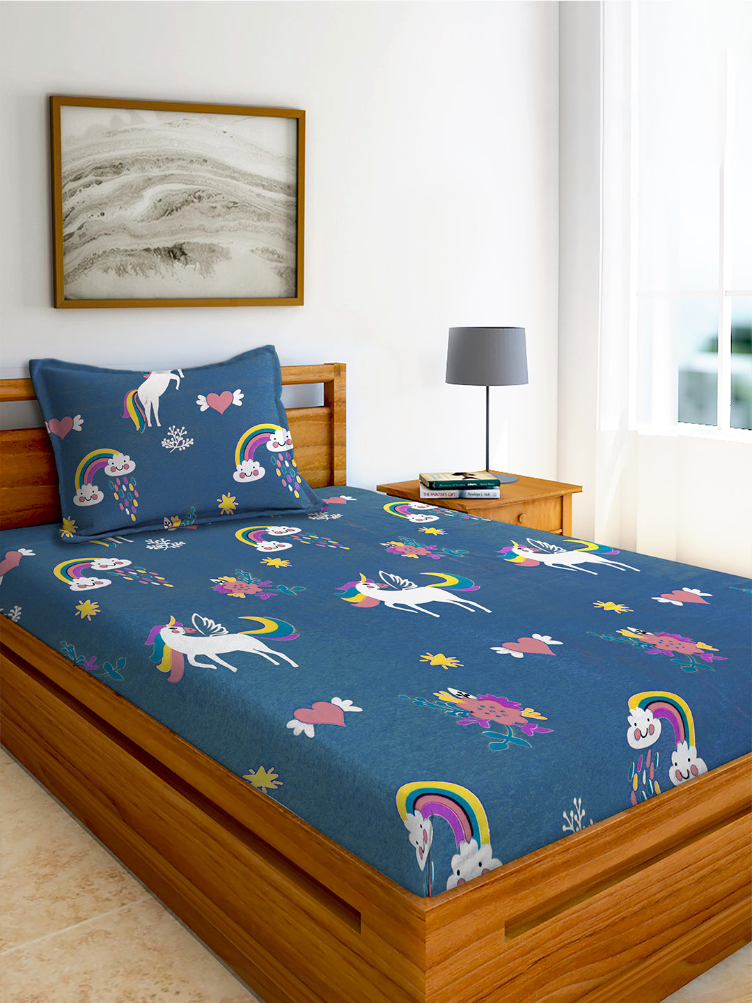 Glace Cotton Abstract Flat Fitted Bedsheet with 2 Pillow Covers