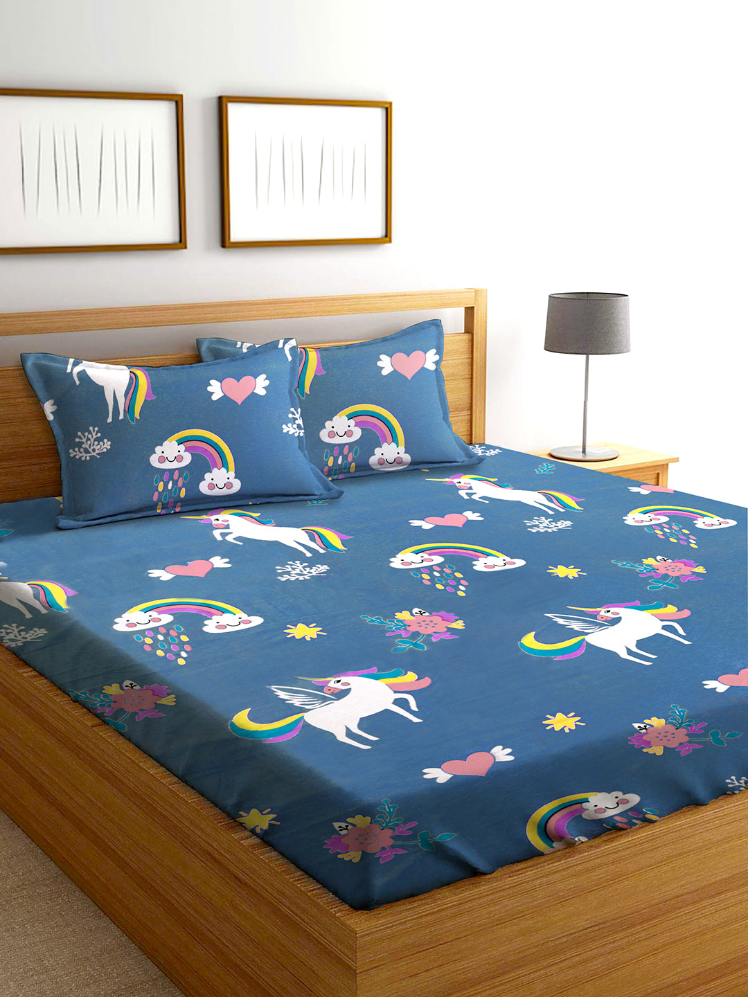 Glace Cotton Kids Cartoon Flat Double Bedsheet with 2 Pillow Covers