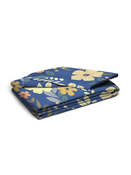 Premium Blue Floral Glace Cotton 300 TC King Bedsheet with 2 Pillow Covers
