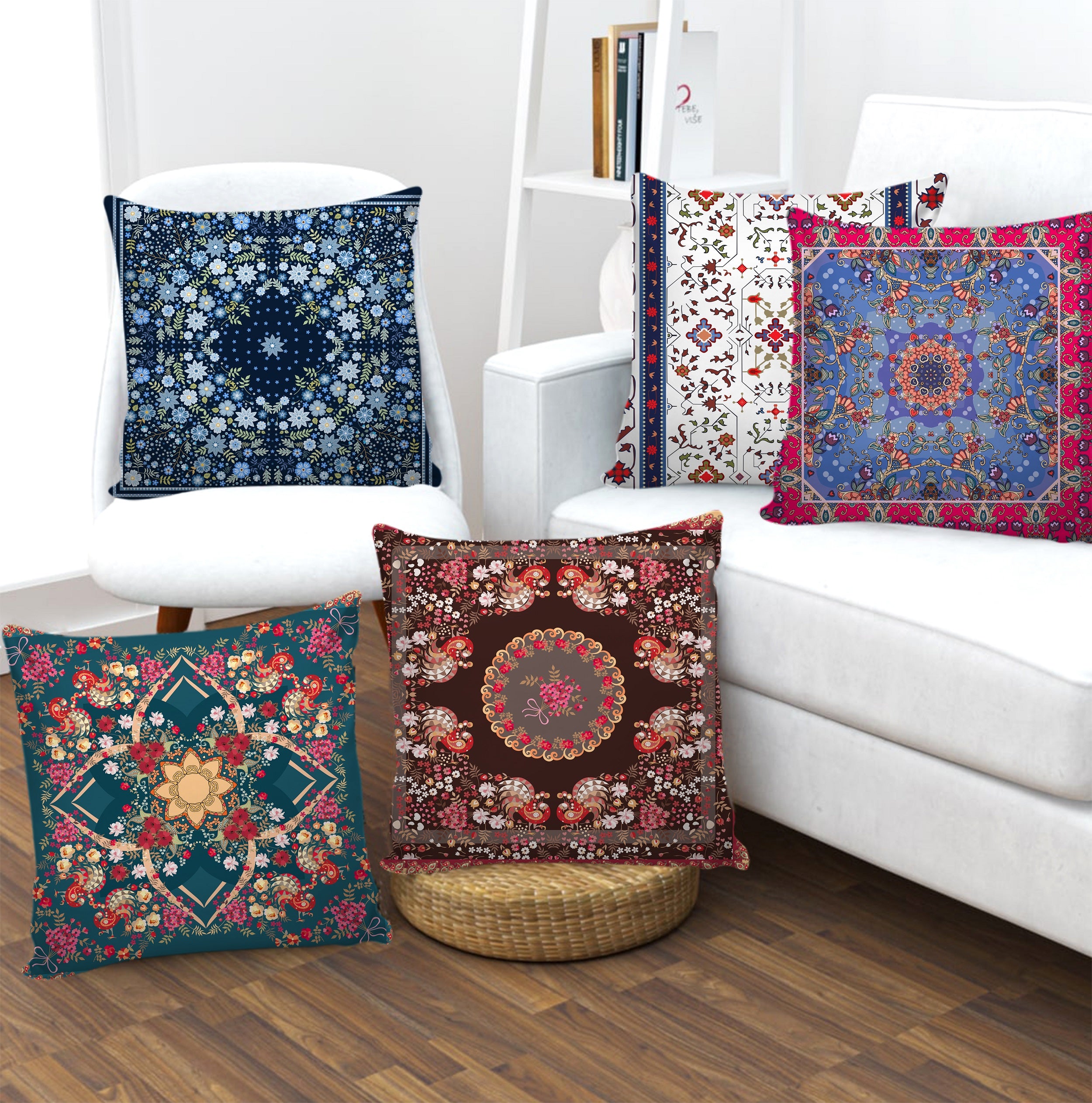 Set of 5 Digital Printed Hand Stitched Throw Pillow/ Cushion Covers