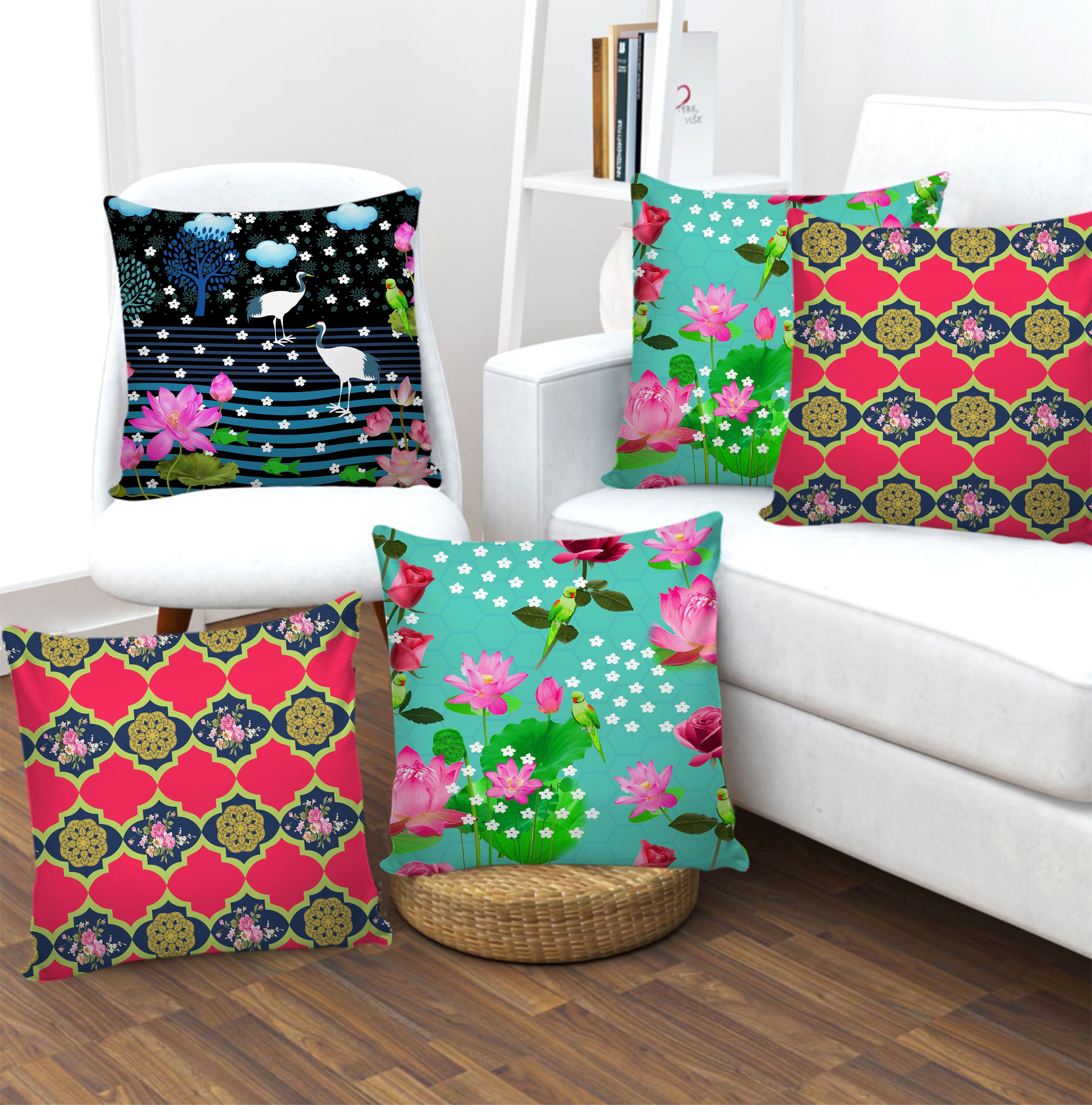 Set of 5 Digital Printed Hand Stitched Throw Pillow/ Cushion Covers