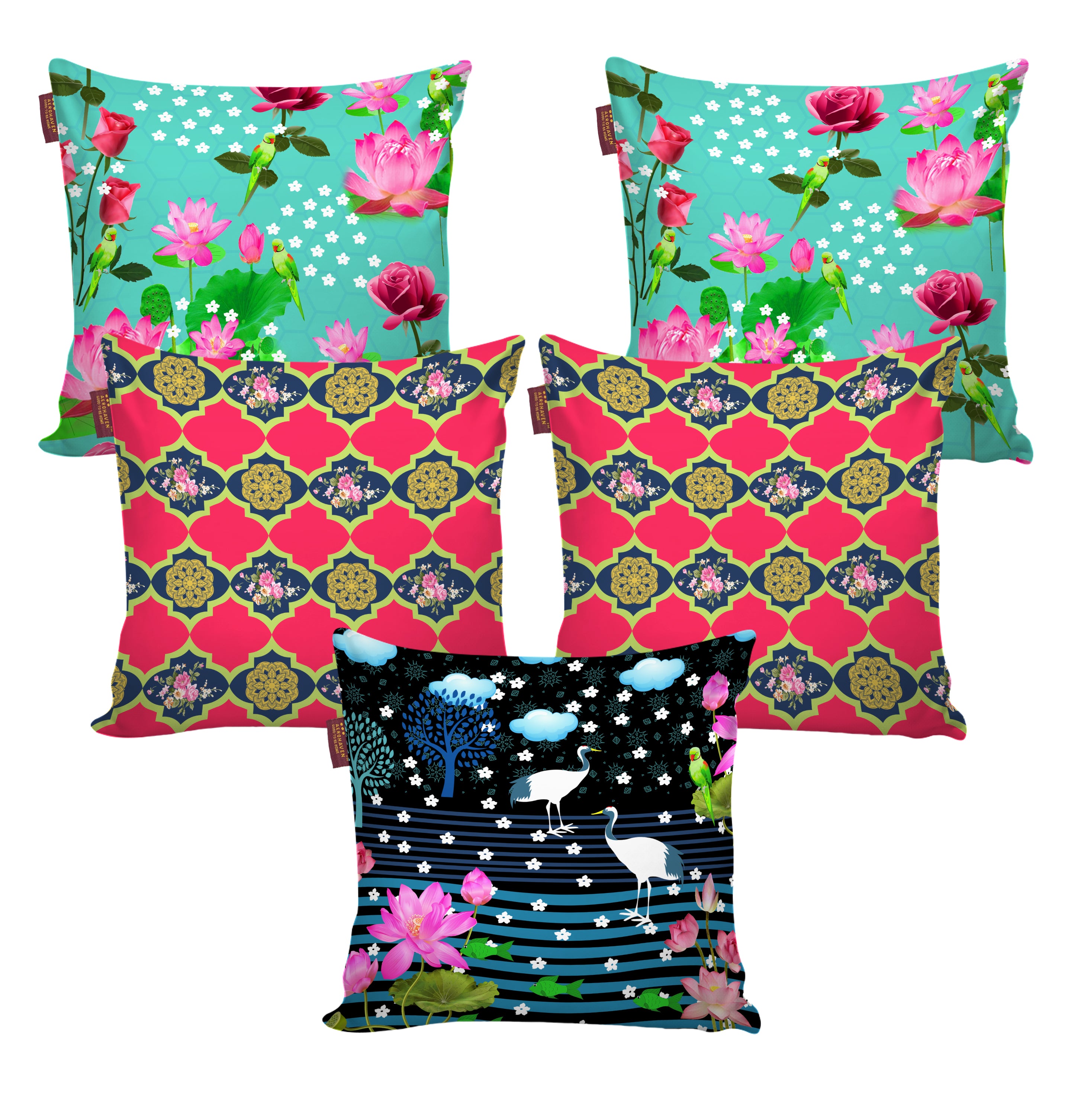 Set of 5 Digital Printed Hand Stitched Throw Pillow/ Cushion Covers