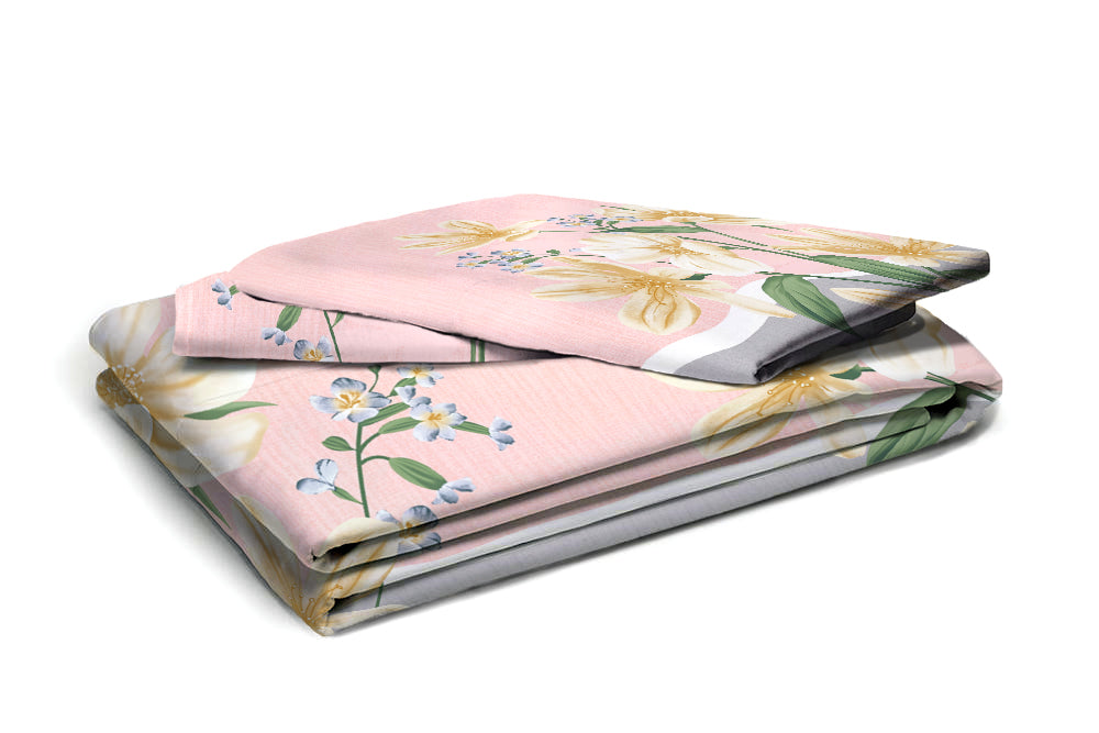Premium Pink and Grey Floral Glace Cotton 300 TC King Bedsheet with 2 Pillow Covers
