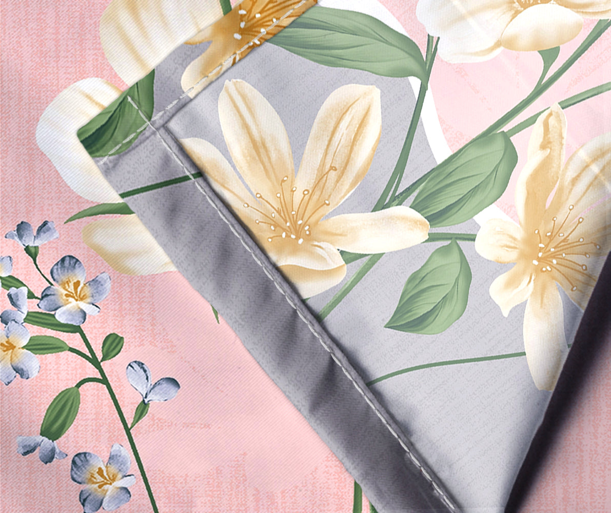 Premium Pink and Grey Floral Glace Cotton 300 TC King Bedsheet with 2 Pillow Covers