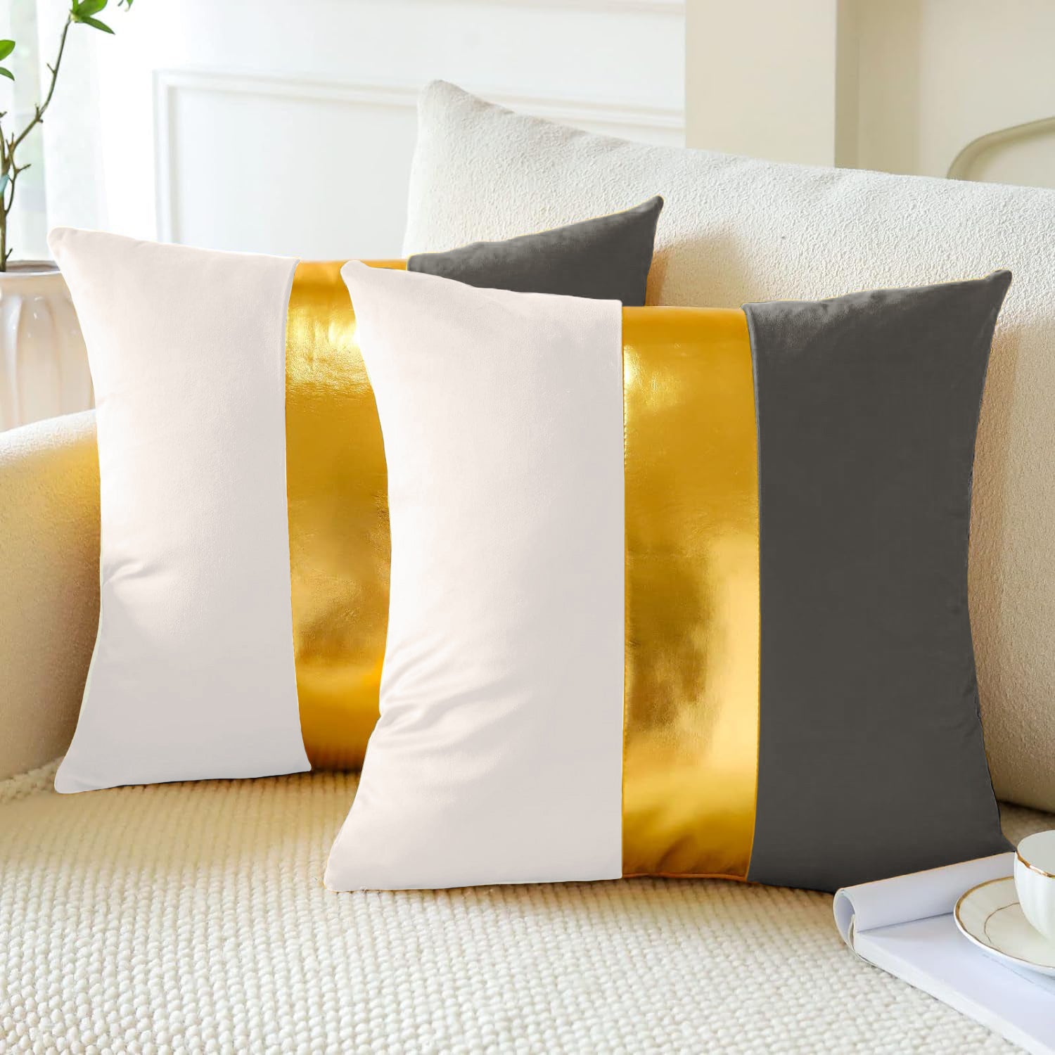 Premium Velvet Set of 2 Decorative Throw Pillow/Cushion Covers with Gold Stripe