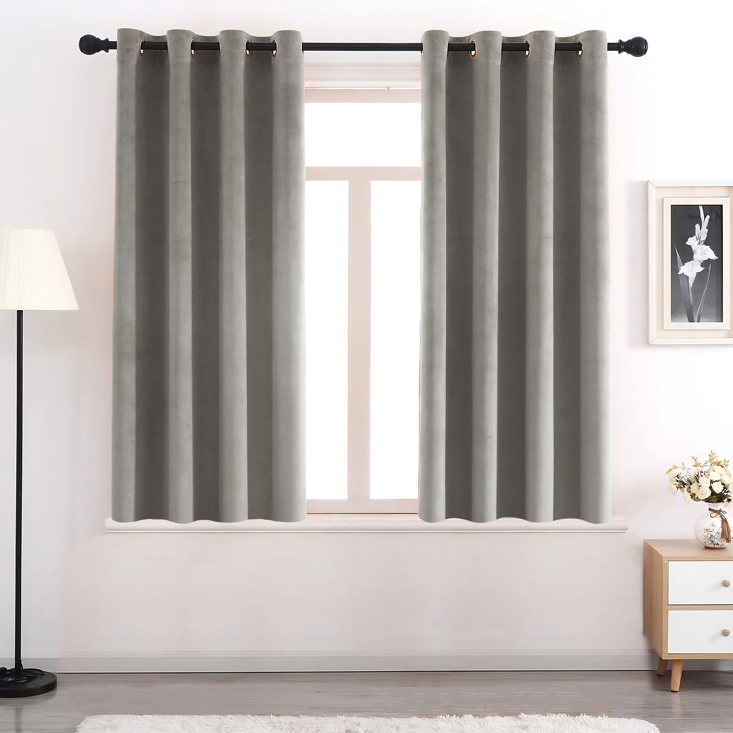 Set of 2 Room Darkening Solid Velvet Grommet Curtains