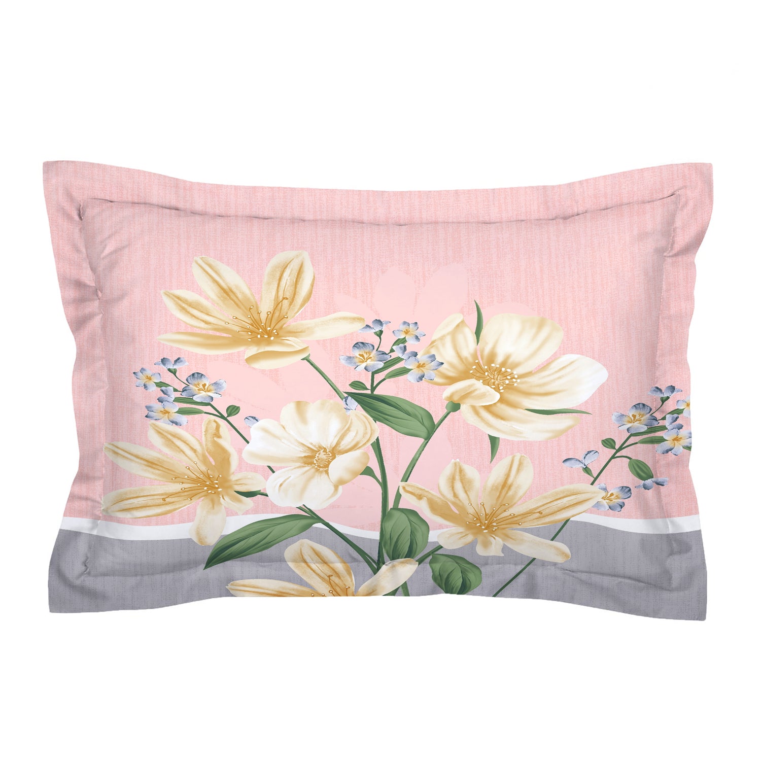 Premium Pink and Grey Floral Glace Cotton 300 TC King Bedsheet with 2 Pillow Covers
