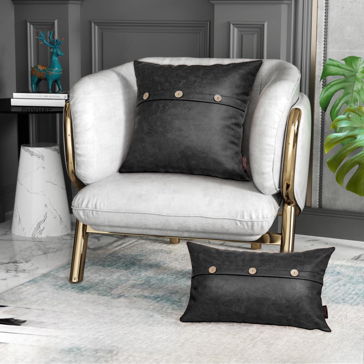 Set of 2 Faux Leather Throw/Pillow Cushion Covers with Triple Button