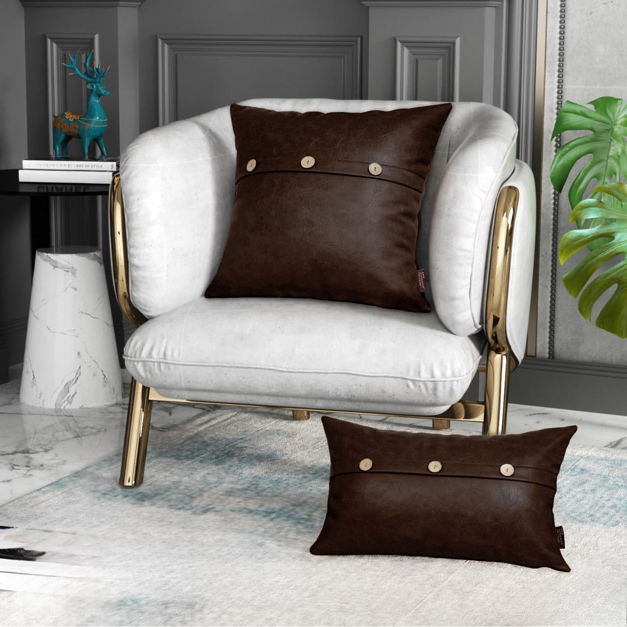 Set of 2 Faux Leather Throw/Pillow Cushion Covers with Triple Button