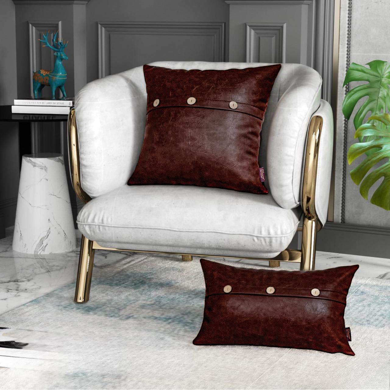 Set of 2 Faux Leather Throw/Pillow Cushion Covers with Triple Button