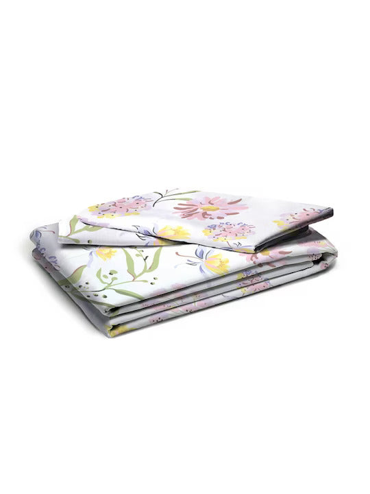 Premium White Floral Glace Cotton 300 TC King Bedsheet with 2 Pillow Covers