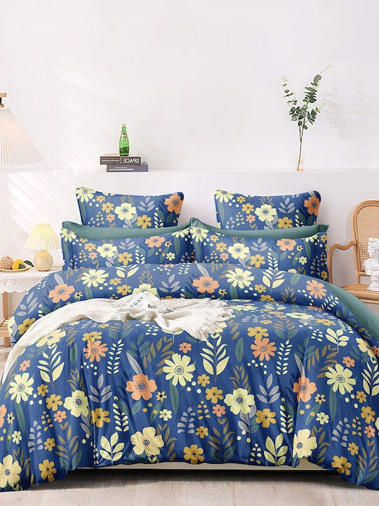 Premium Blue Floral Glace Cotton 300 TC King Bedsheet with 2 Pillow Covers