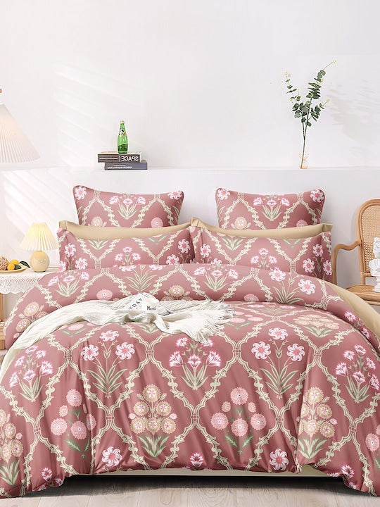 Premium Dark Pink Floral Glace Cotton 300 TC King Bedsheet With 2 Pillow Covers
