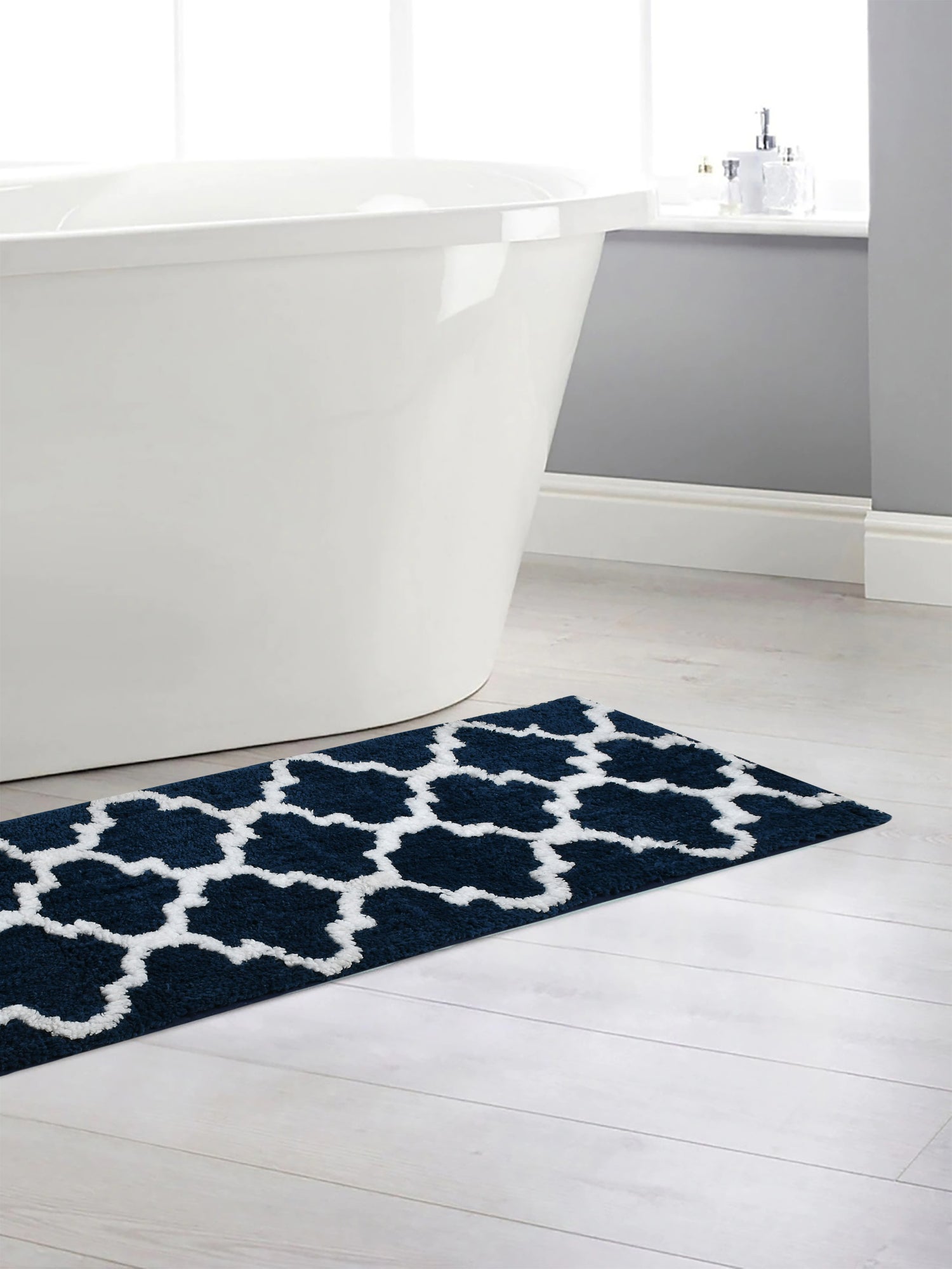 Soft Microfiber Abstract Moroccan Designer Anti Slip Runner, Navy