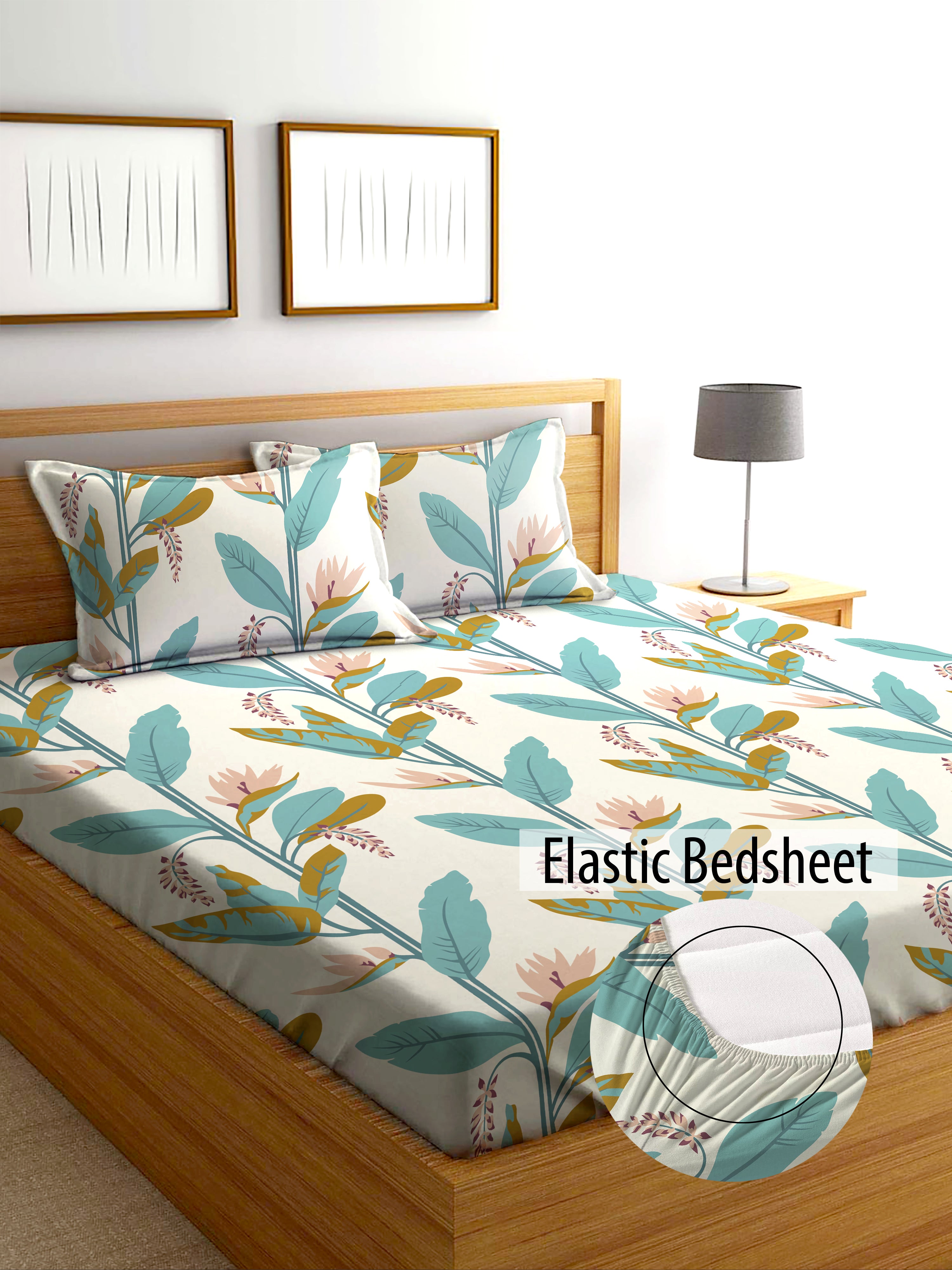Glace Cotton Abstract Flat Fitted Bedsheet with 2 Pillow Covers