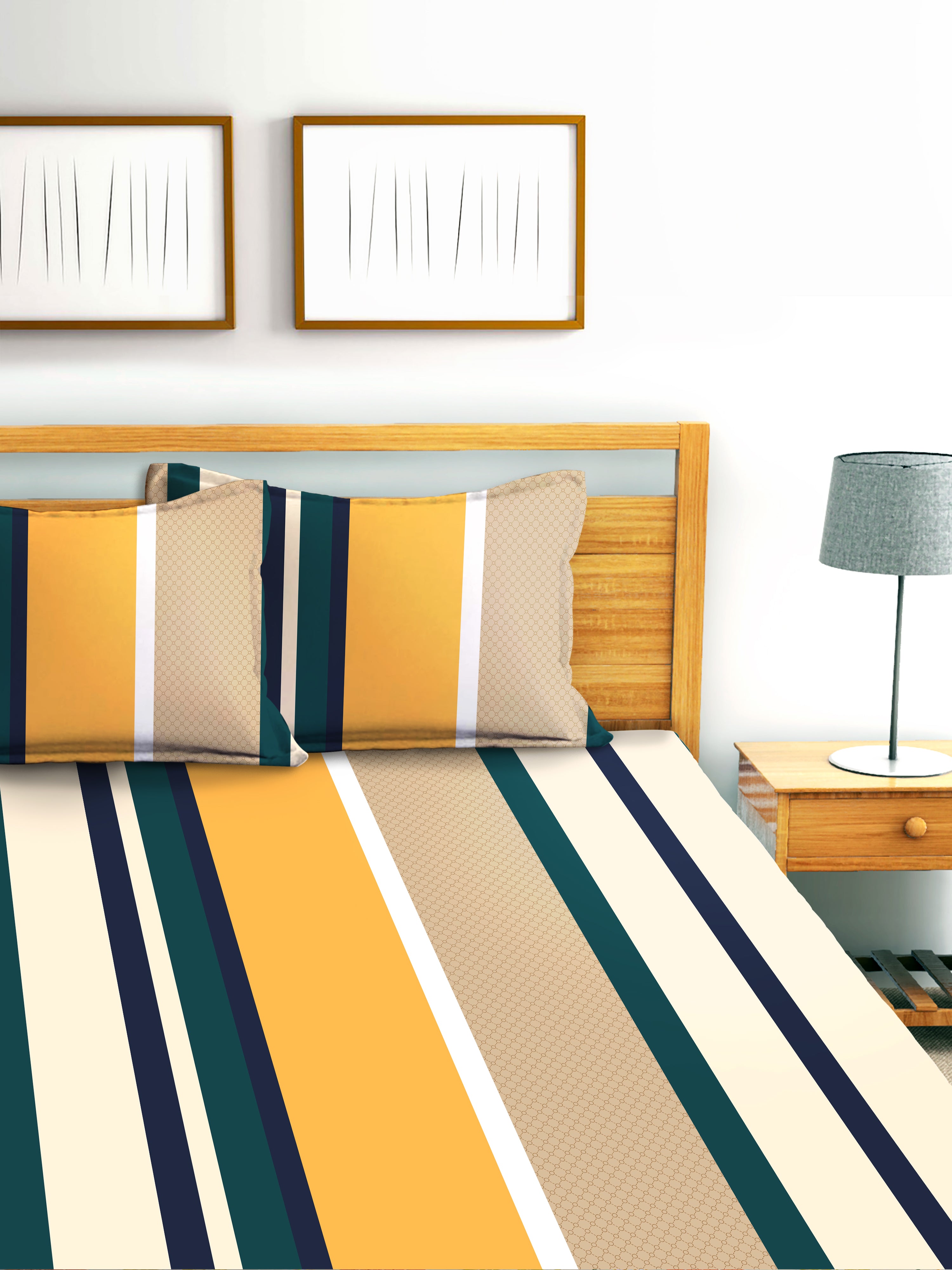 Glace Cotton Abstract Flat Fitted Bedsheet with 2 Pillow Covers