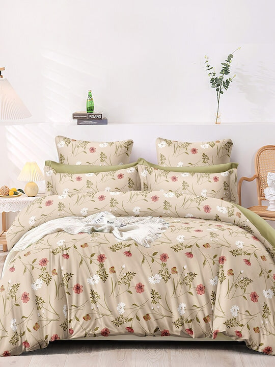 Premium Cream Floral Glace Cotton 300 TC King Bedsheet & 2 Pillow Covers