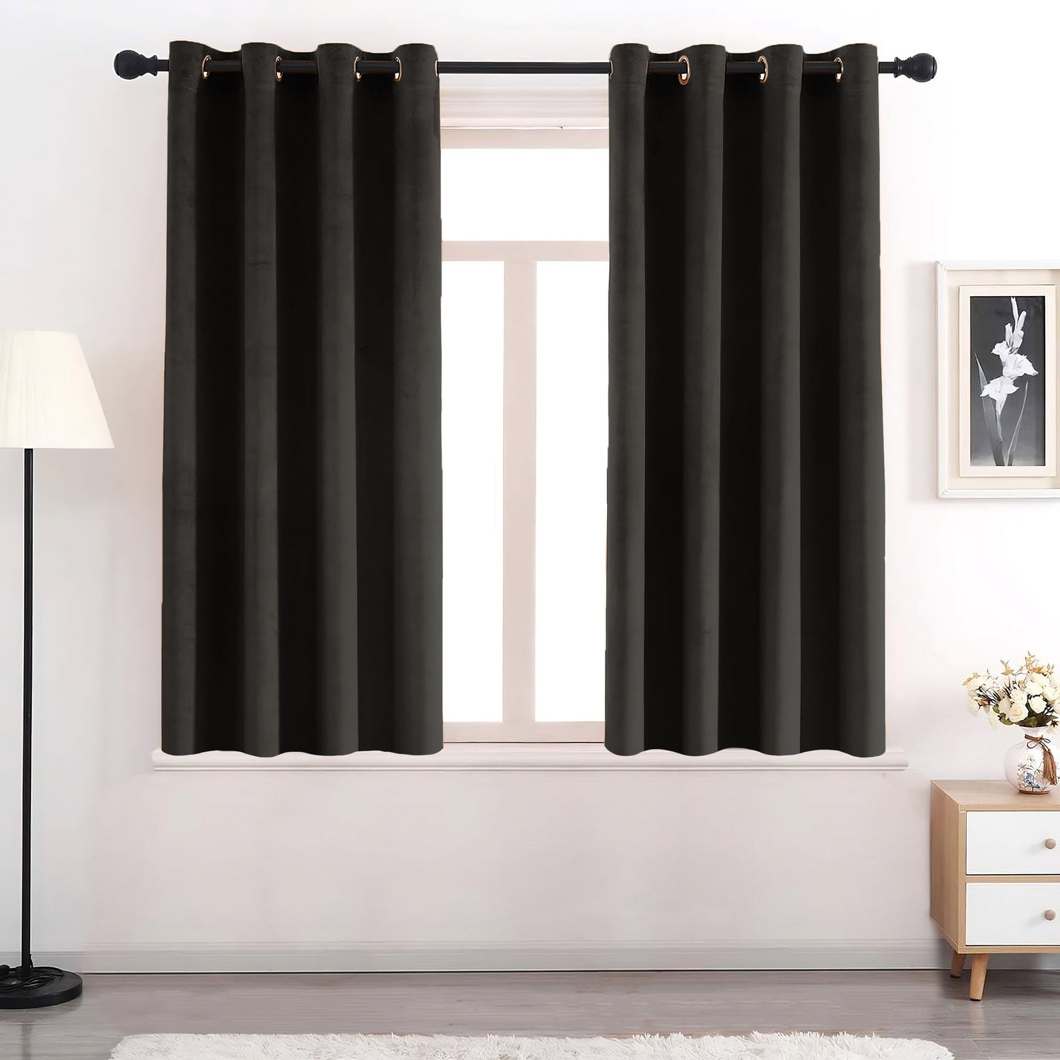 Set of 2 Room Darkening Solid Velvet Grommet Curtains