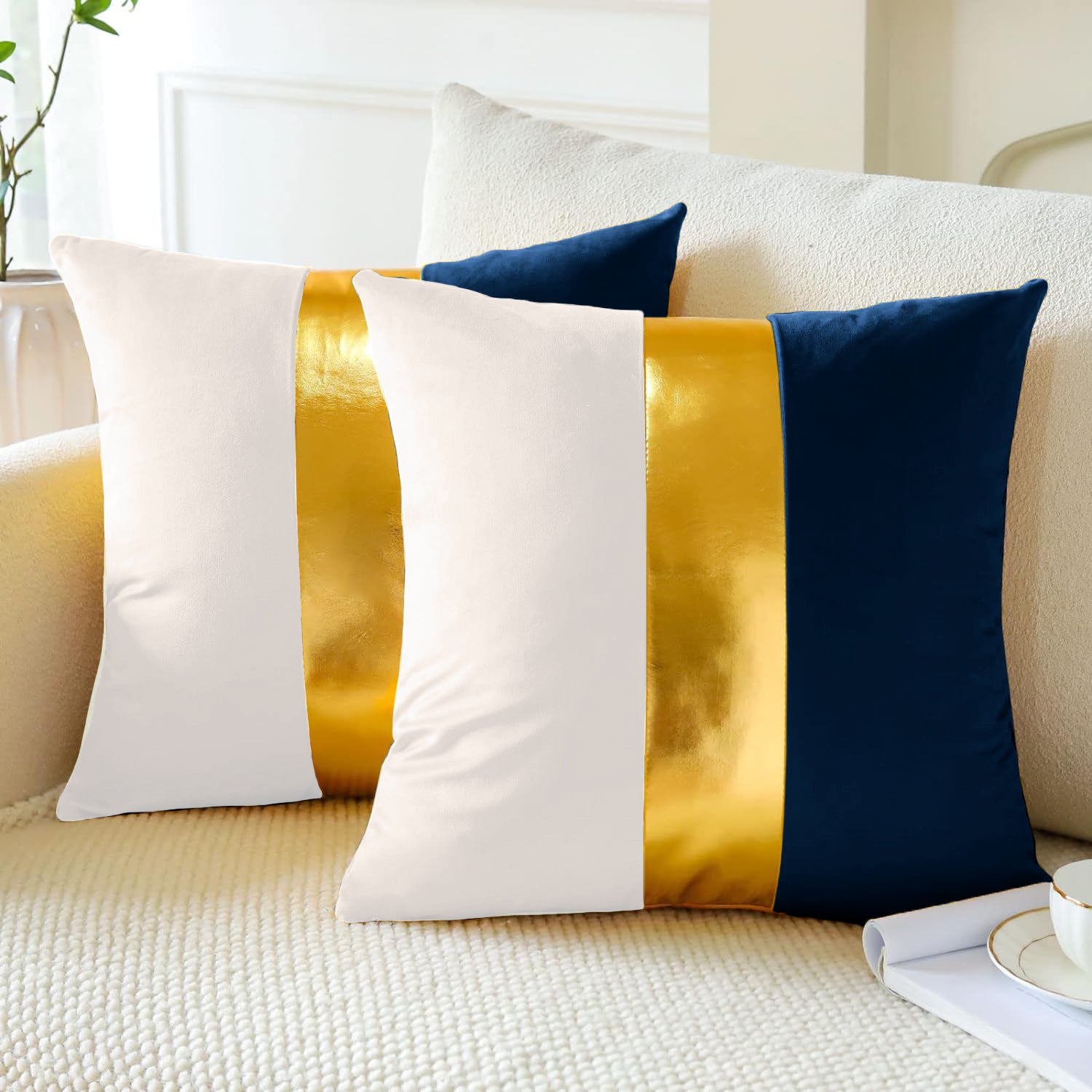 Premium Velvet Set of Decorative Throw Pillow/Cushion Covers with Gold Stripe
