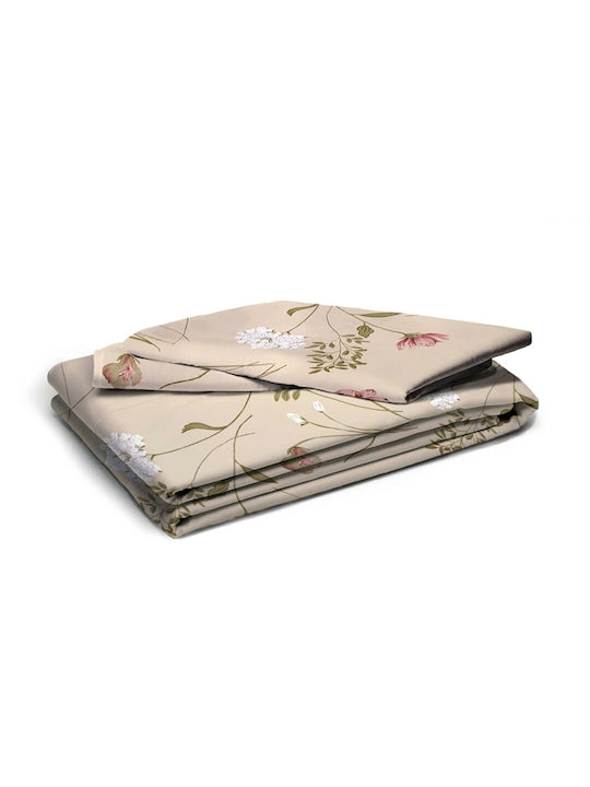 Premium Cream Floral Glace Cotton 300 TC King Bedsheet & 2 Pillow Covers
