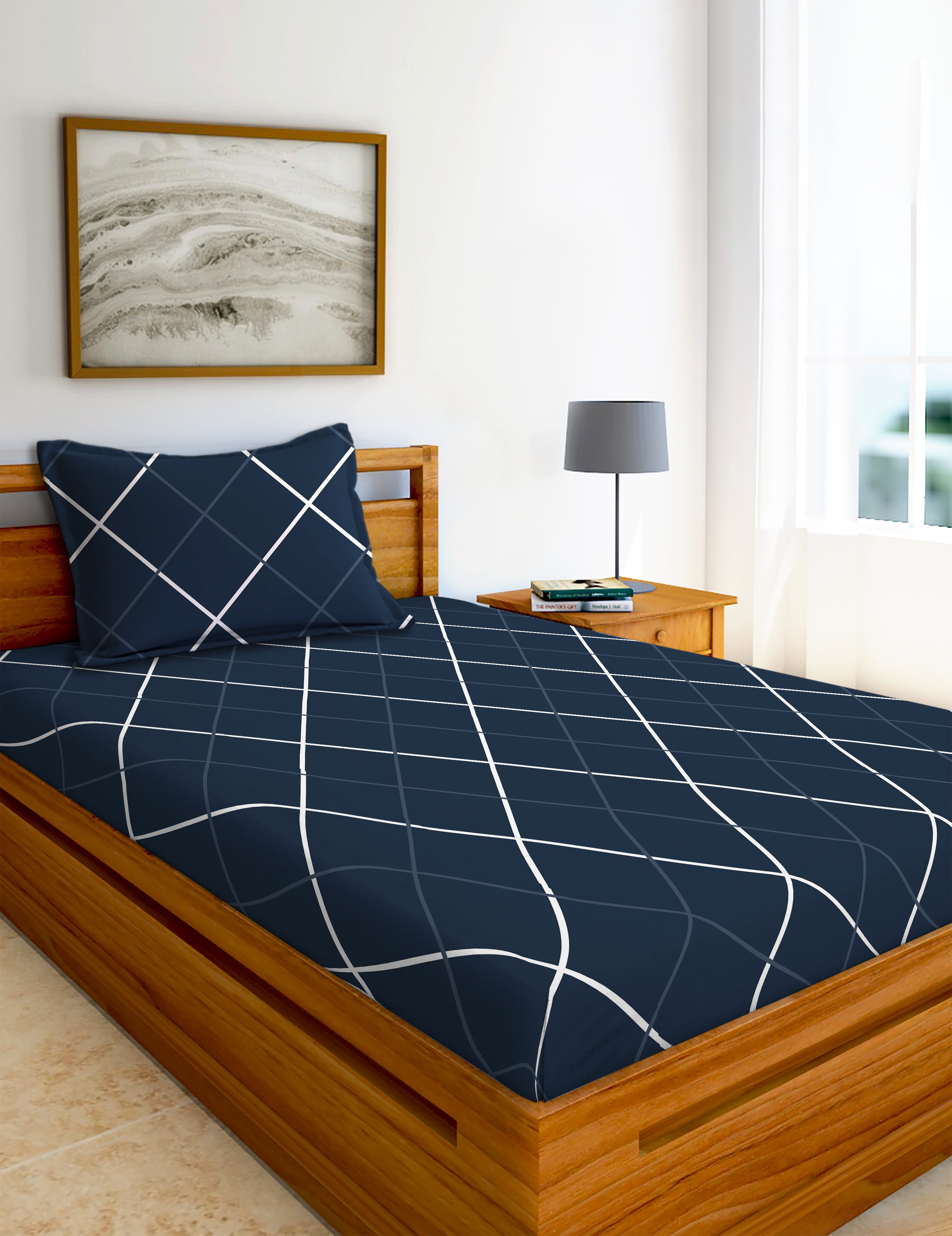 Glace Cotton Abstract Flat Fitted Bedsheet with 2 Pillow Covers