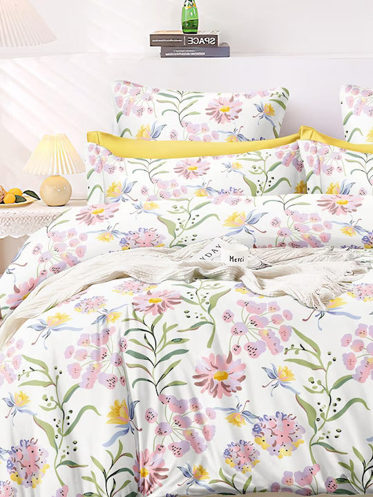 Premium White Floral Glace Cotton 300 TC King Bedsheet with 2 Pillow Covers