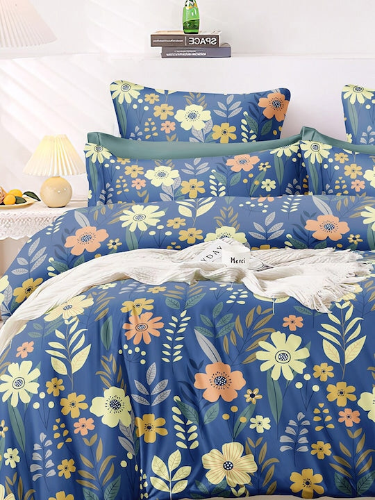 Premium Blue Floral Glace Cotton 300 TC King Bedsheet with 2 Pillow Covers