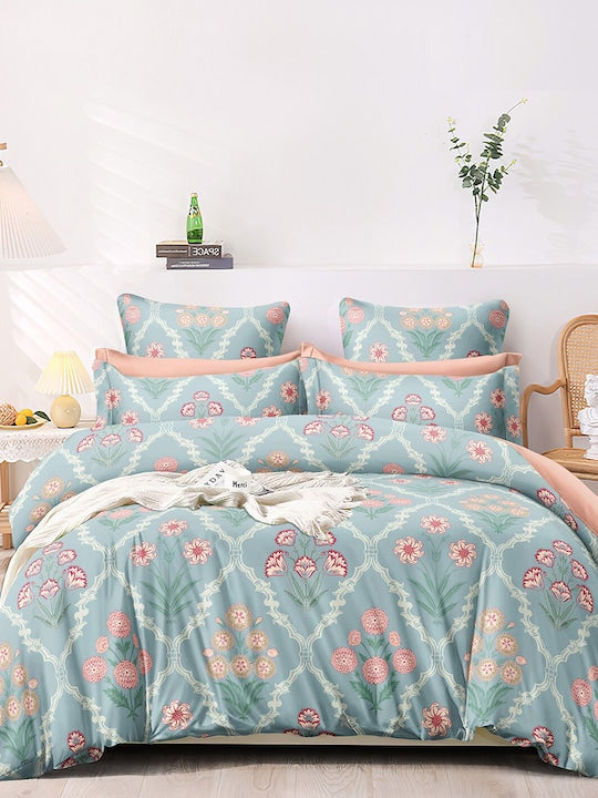 Premium Blue & Pink Ethnic Motifs Glace Glace Cotton 300 TC King Bedsheet & 2 Pillow Covers