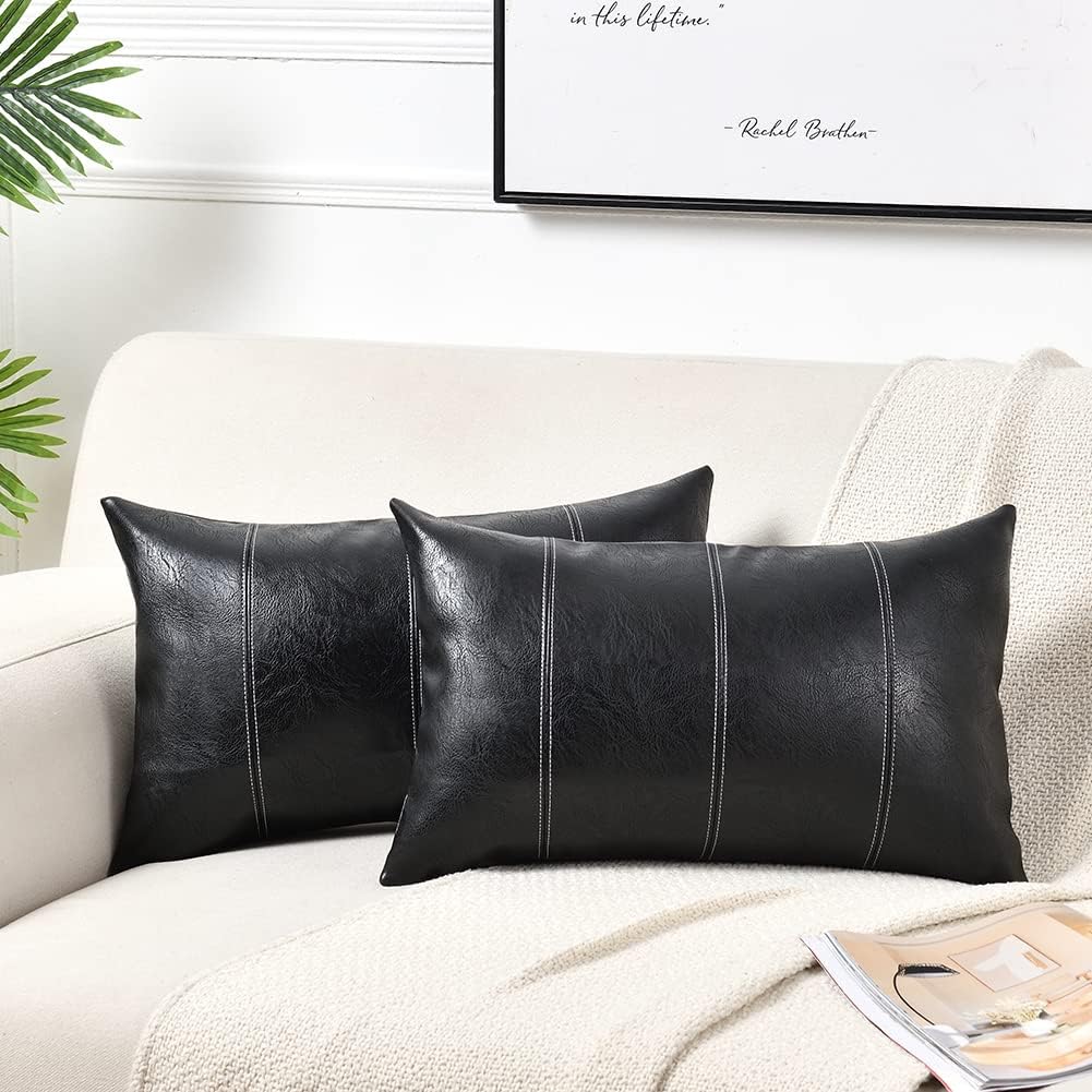 Set of 2 Over Stitched Faux Leather Throw/Pillow Cushion Covers