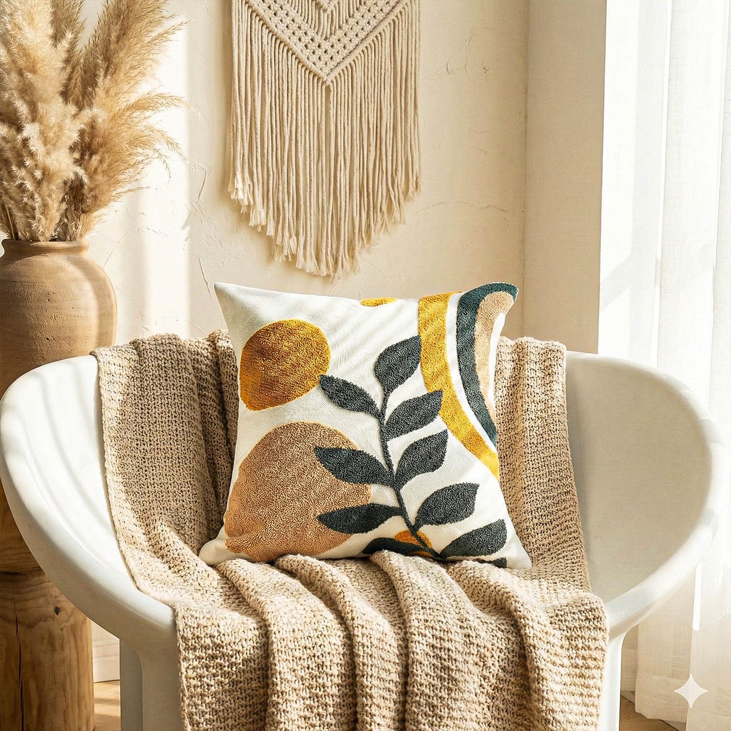 TERRA GROOVE Embroidered Cotton Cushion Cover 16x16