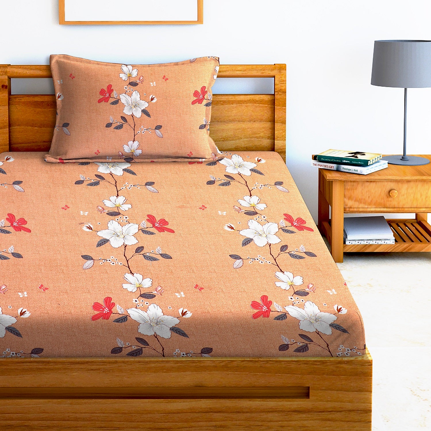 Glace Cotton Floral Flat Single Bedsheet with 1 Pillow Cover