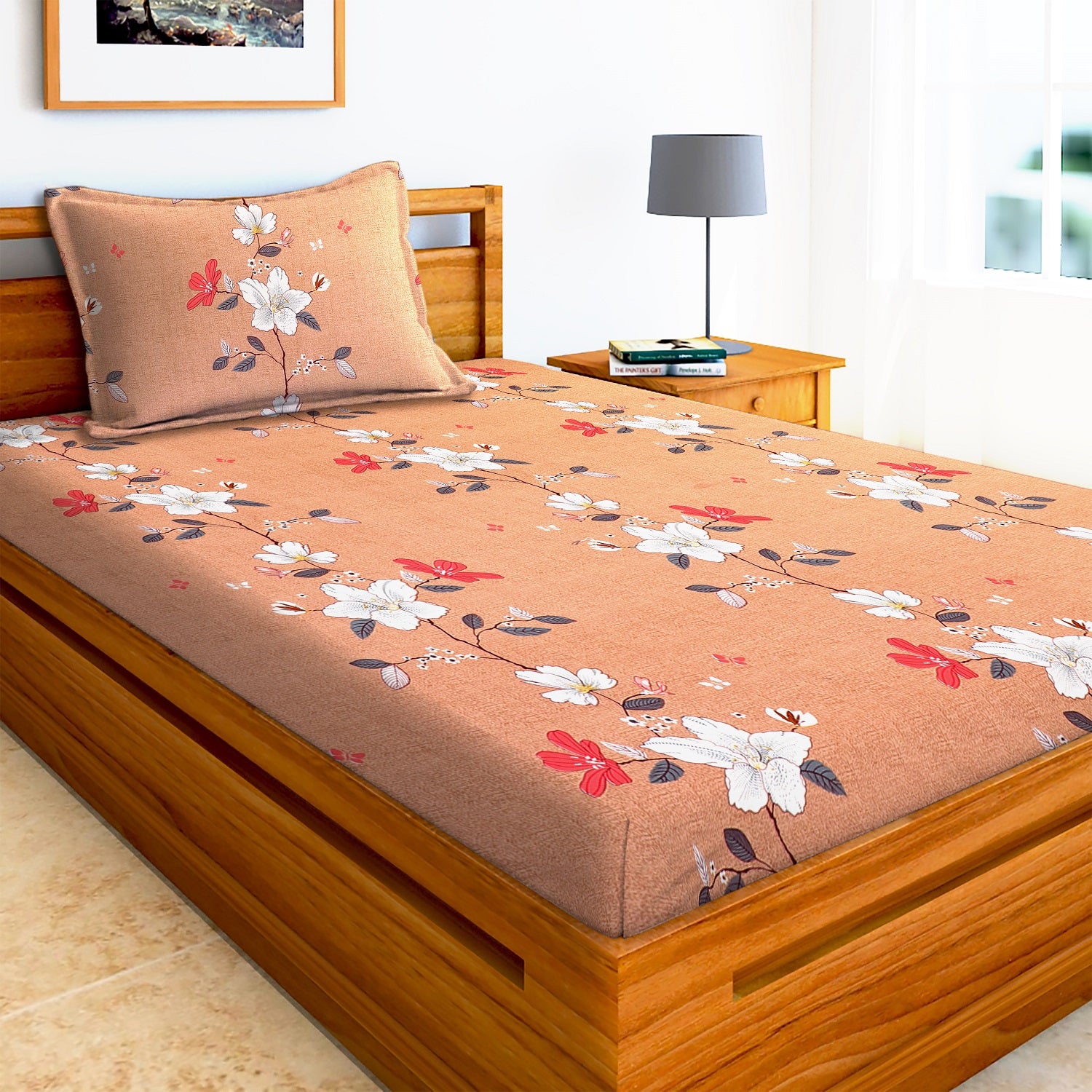 Glace Cotton Floral Flat Single Bedsheet with 1 Pillow Cover