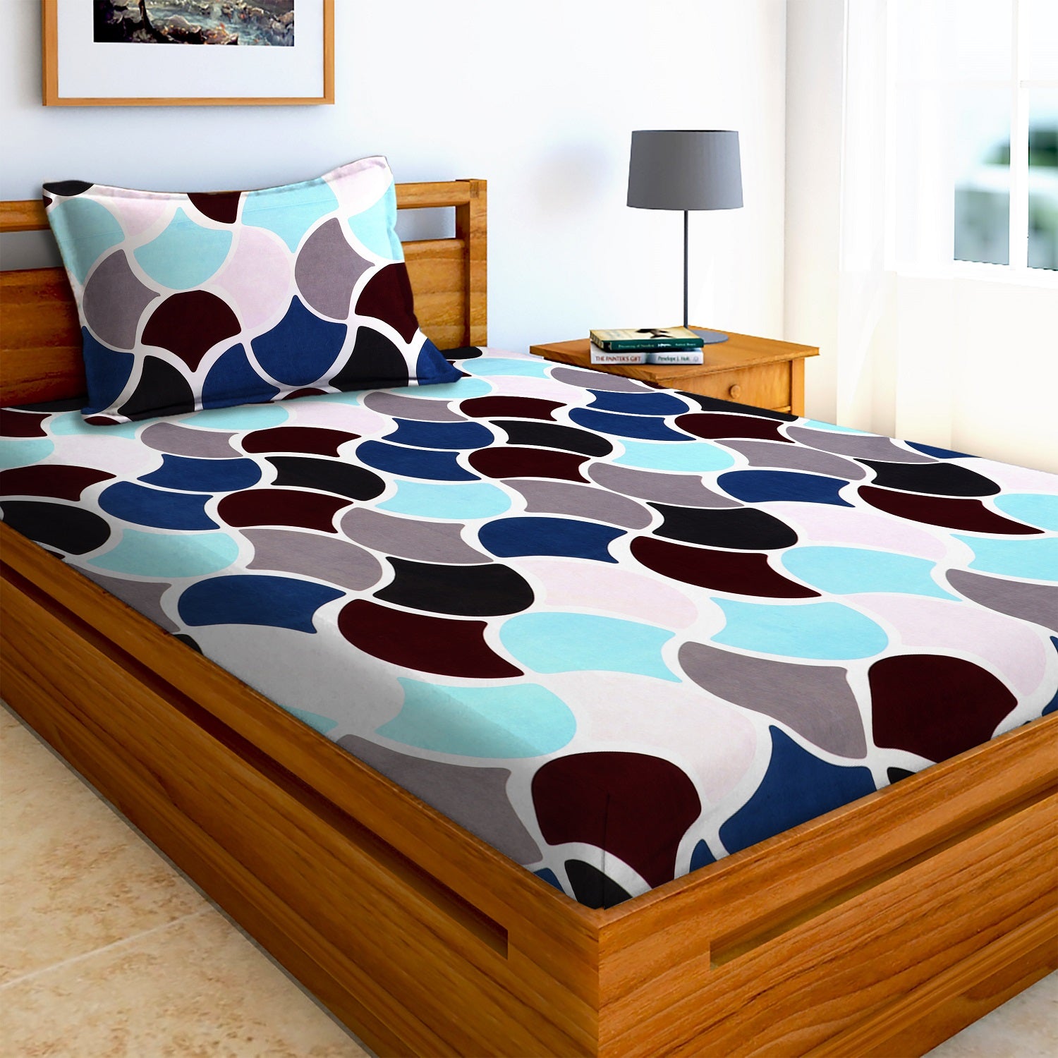 Glace Cotton Geometric Flat Single Bedsheet with 1 Pillow Cover