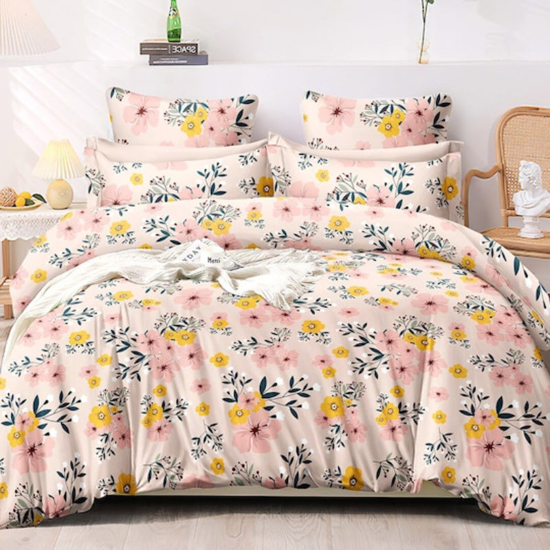Premium Peach Pink Floral Glace Cotton 300 TC King Bedsheet & 2 Pillow Covers