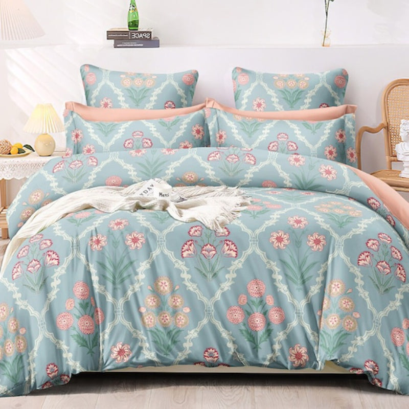 Premium Blue & Pink Ethnic Motifs Glace Glace Cotton 300 TC King Bedsheet & 2 Pillow Covers