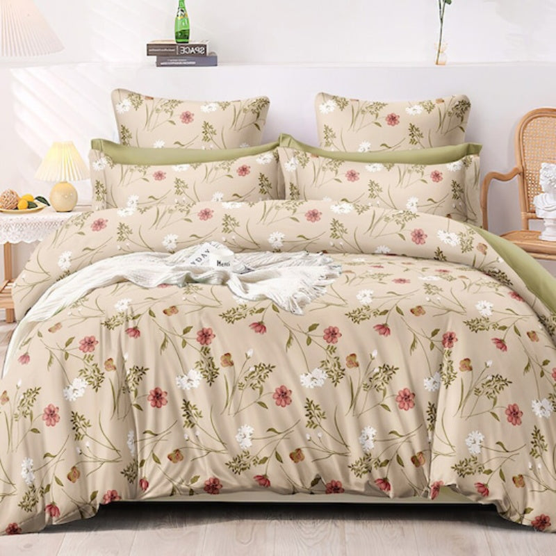 Premium Cream Floral Glace Cotton 300 TC King Bedsheet & 2 Pillow Covers
