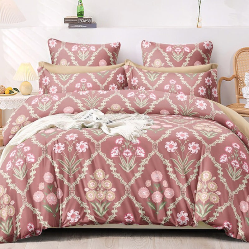 Premium Dark Pink Floral Glace Cotton 300 TC King Bedsheet With 2 Pillow Covers