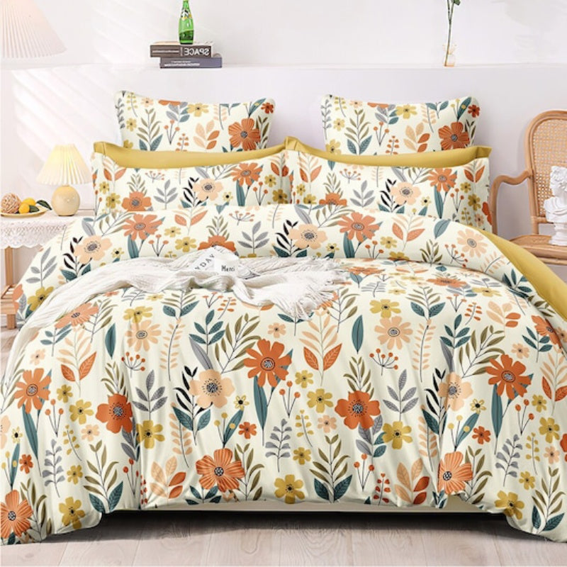 Premium Cream Floral Glace Cotton 300 TC King Bedsheet & 2 Pillow Covers
