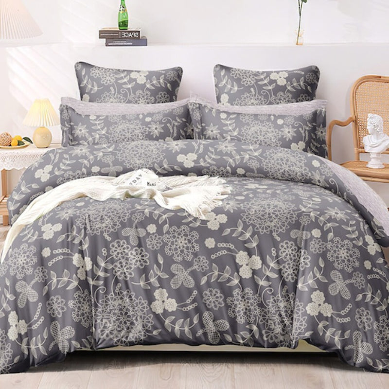 Premium Grey Floral Glace Cotton 300 TC King Bedsheet with 2 Pillow Covers
