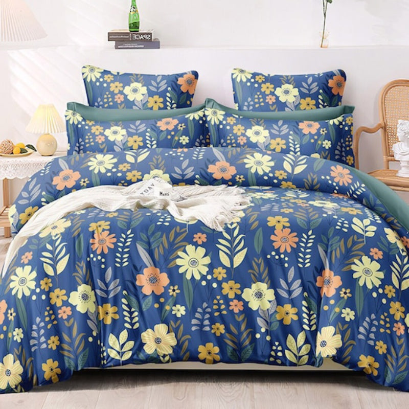 Premium Blue Floral Glace Cotton 300 TC King Bedsheet with 2 Pillow Covers