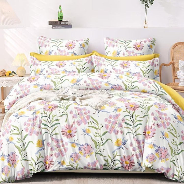 Premium White Floral Glace Cotton 300 TC King Bedsheet with 2 Pillow Covers