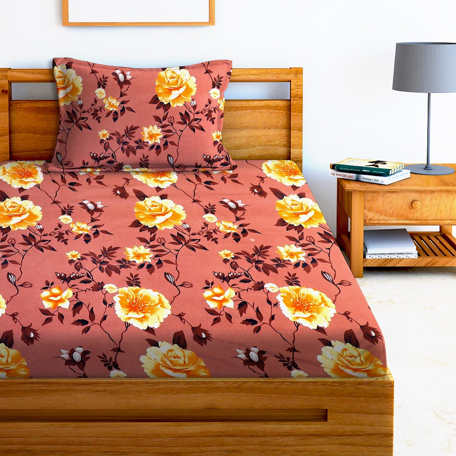 Glace Cotton Floral Flat Single Bedsheet with 1 Pillow Cover