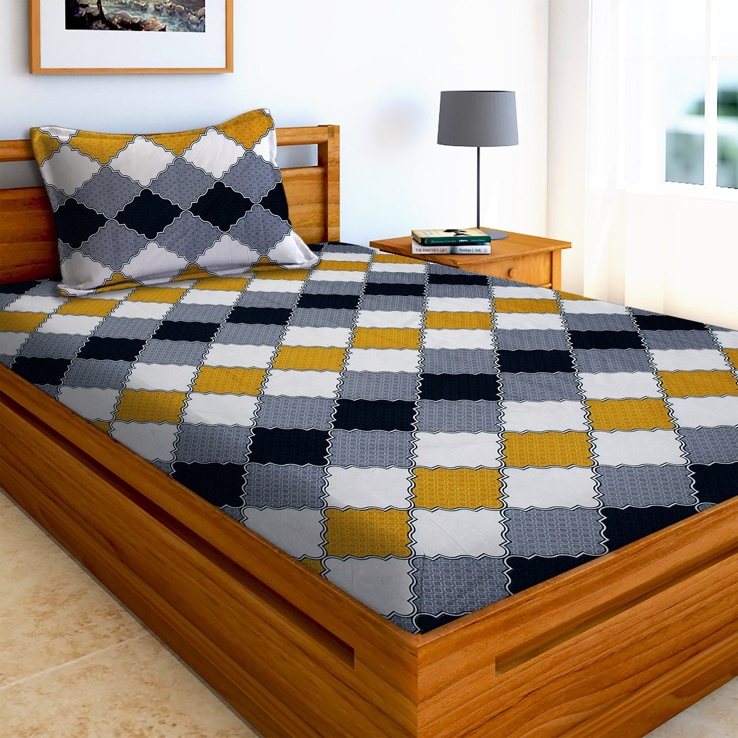 Glace Cotton Abstract Flat Single Bedsheet with 1 Pillow Cover
