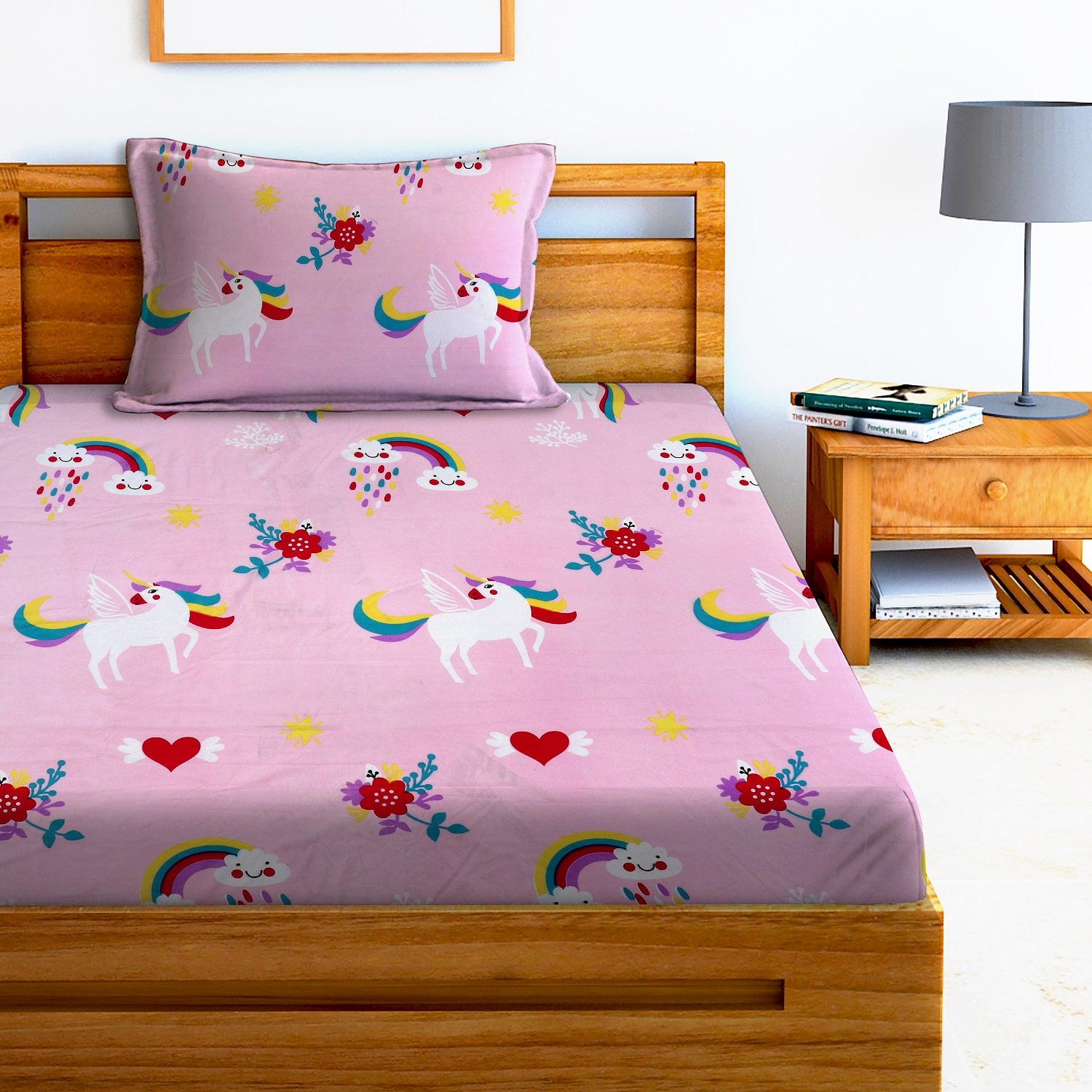 Glace Cotton Kids Cartoon Flat Single Bedsheet with 1 Pillow Cover