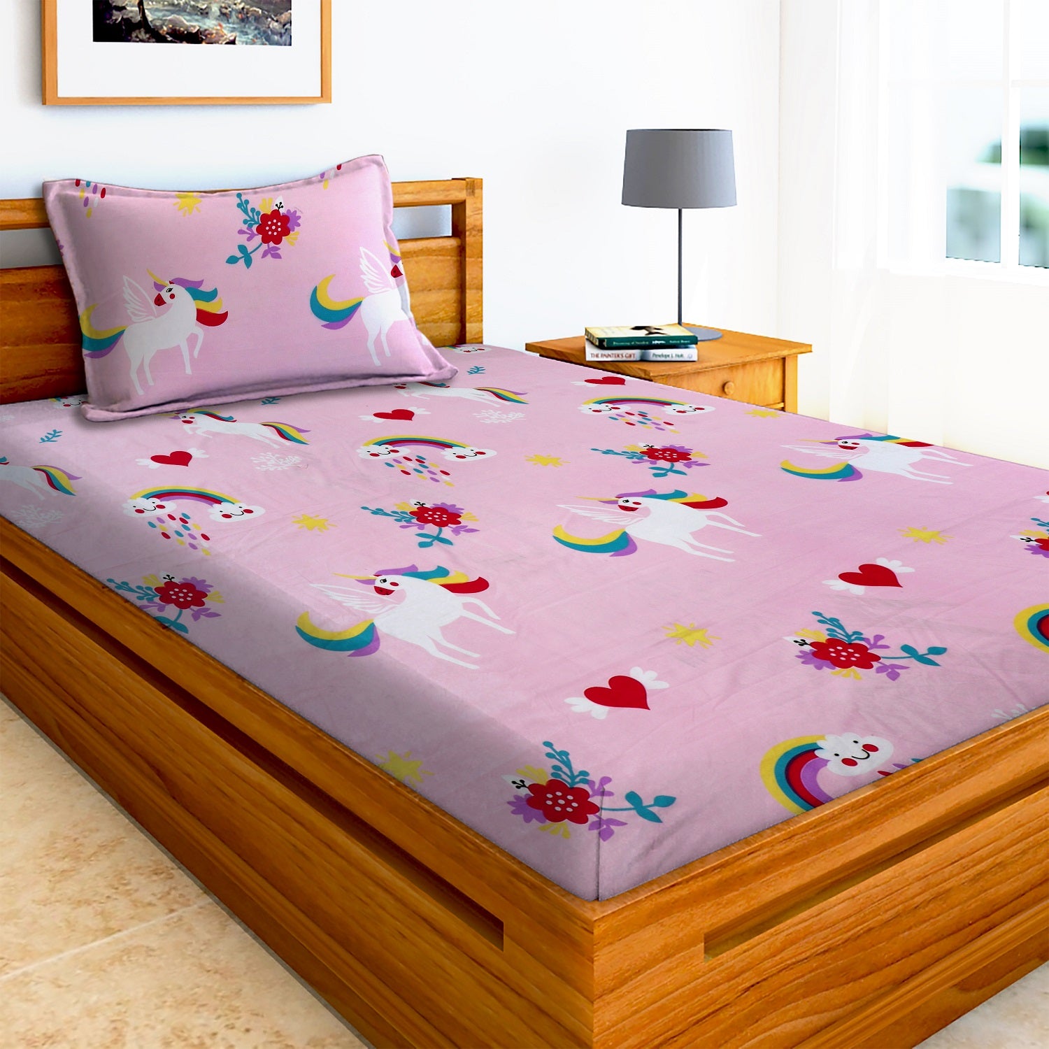 Glace Cotton Kids Cartoon Flat Single Bedsheet with 1 Pillow Cover