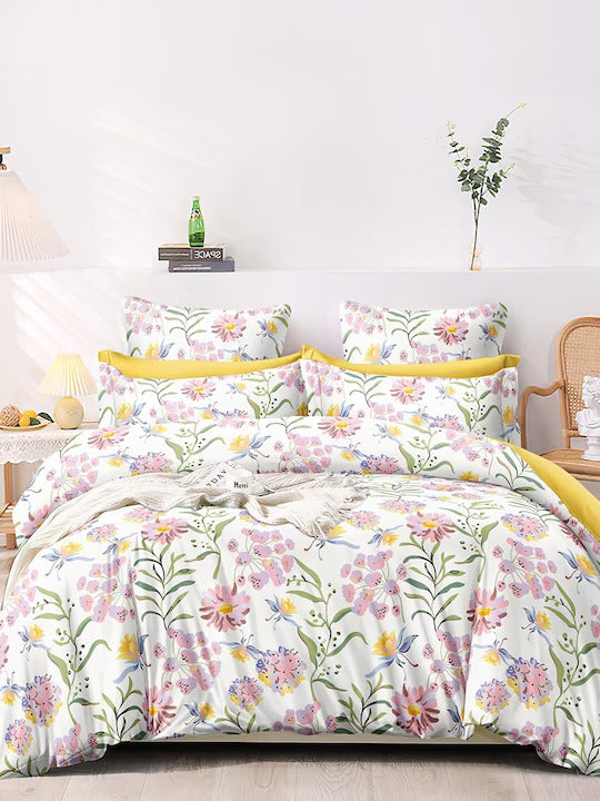 Premium White Floral Glace Cotton 300 TC King Bedsheet with 2 Pillow Covers