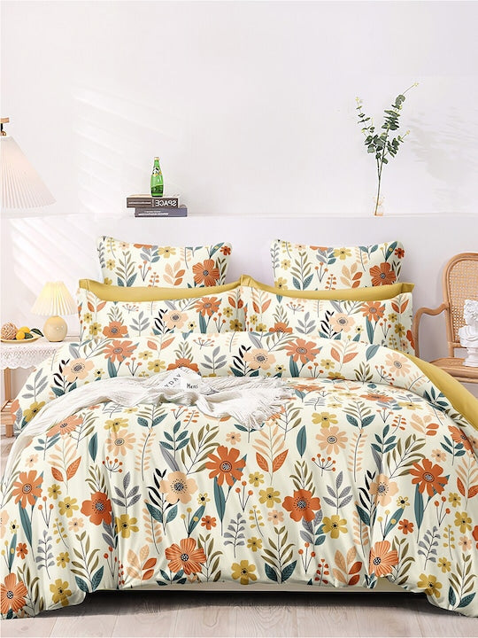 Premium Cream Floral Glace Cotton 300 TC King Bedsheet & 2 Pillow Covers